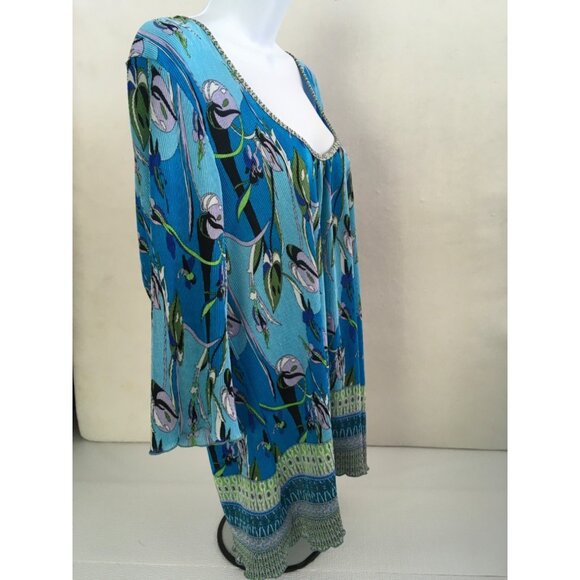 Notations Top Women Size 1X Crinkle Blue Green Black Gray Floral 3/4 Sleeves - Picture 2 of 14